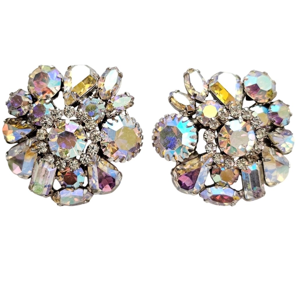 Weiss Ab Snowflake Rhinestone Cluster Clip On Earrings Signed J539 60$